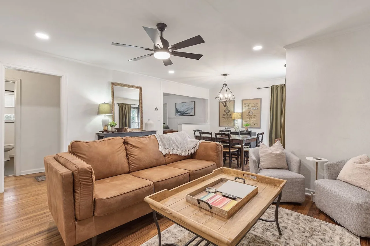 Warm open-plan living room at Tulsa Home Sweet Home